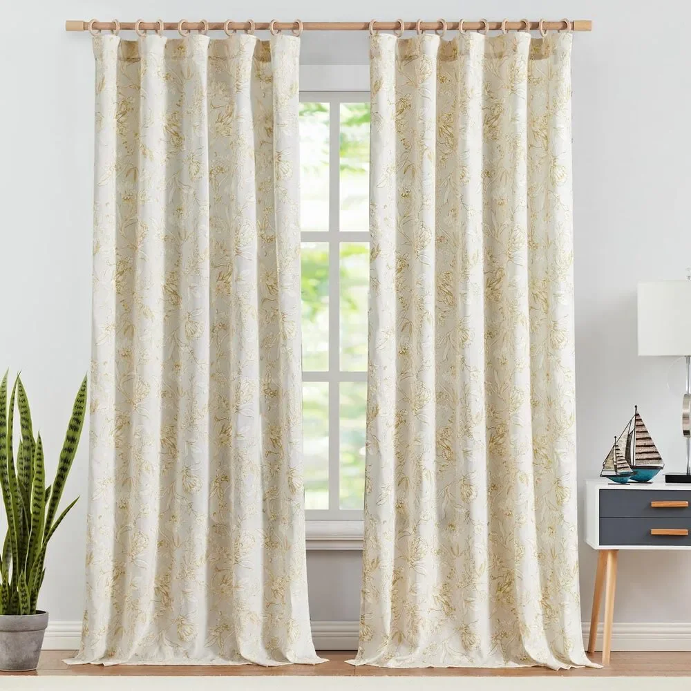 Floral Linen Blend Curtains  50 x 96” Farmhouse French Country Mustard Yellow